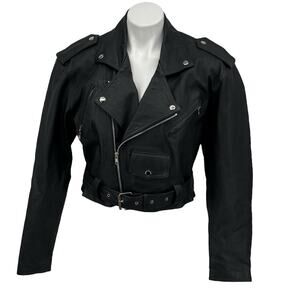 Wilsons Moto Jacket Leather 1980s 1990s Vintage Women's SZ M Black Cropped Biker